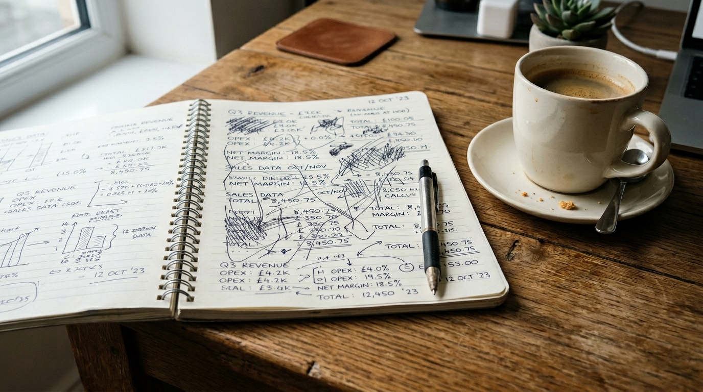 Notes z odręcznymi obliczeniami biznesowymi i kawą obok