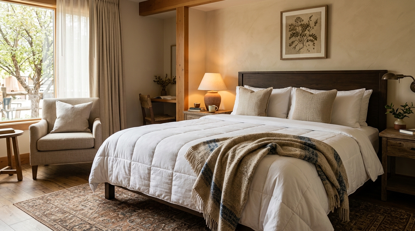 Pokój hotelowy z pościelonym łóżkiem i przytulnym designem