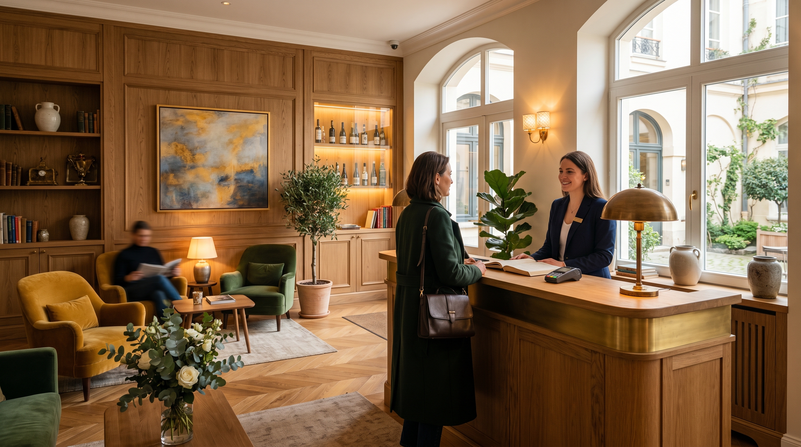 Recepcja butikowego hotelu z ciepłym, eleganckim wystrojem