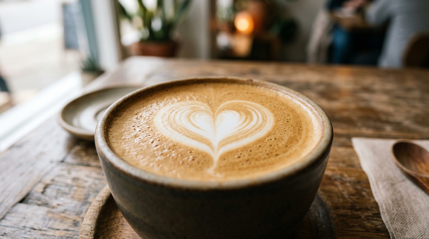 Bliski plan latte art, serce na piance kawy
