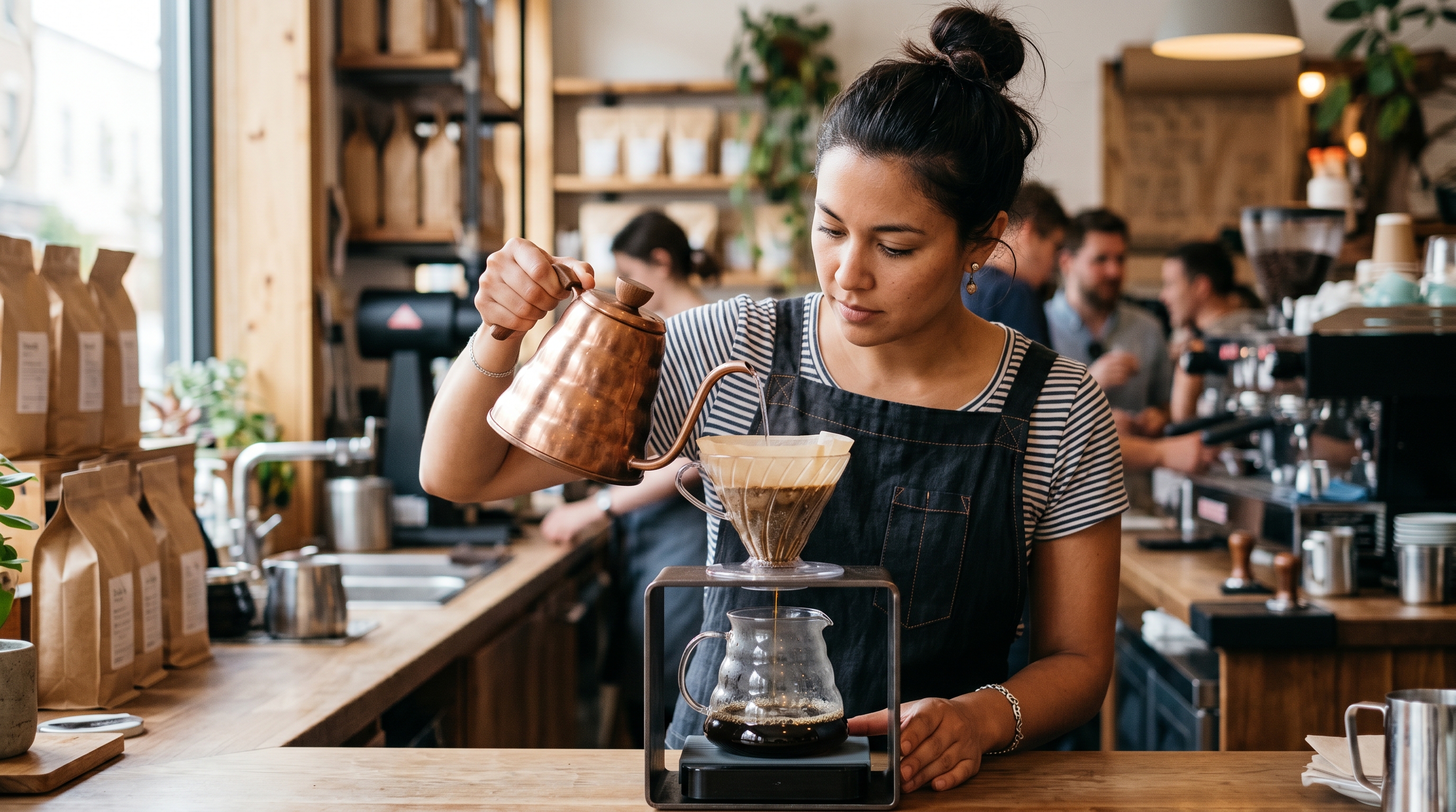 Barista nalewający kawę pour-over przez szklany dripper