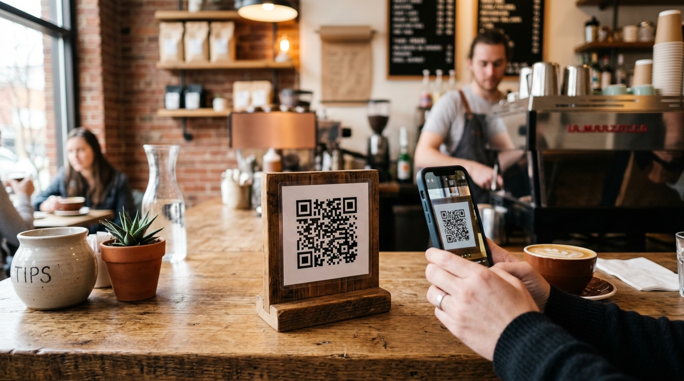Kod QR na ladzie kawiarni gotowy do zeskanowania