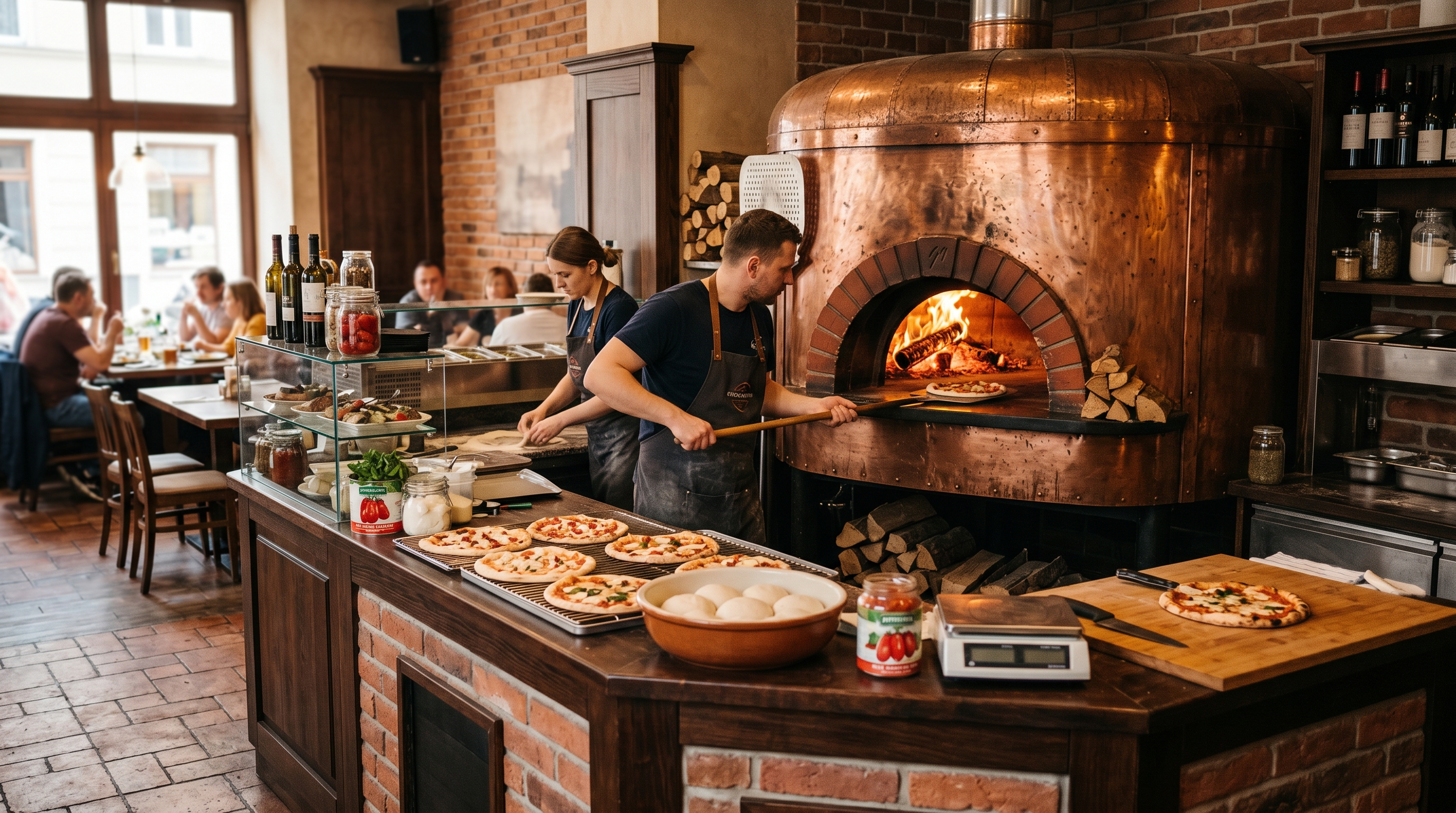 Wnętrze polskiej pizzerii z miedzianym piecem opałowym za ladą