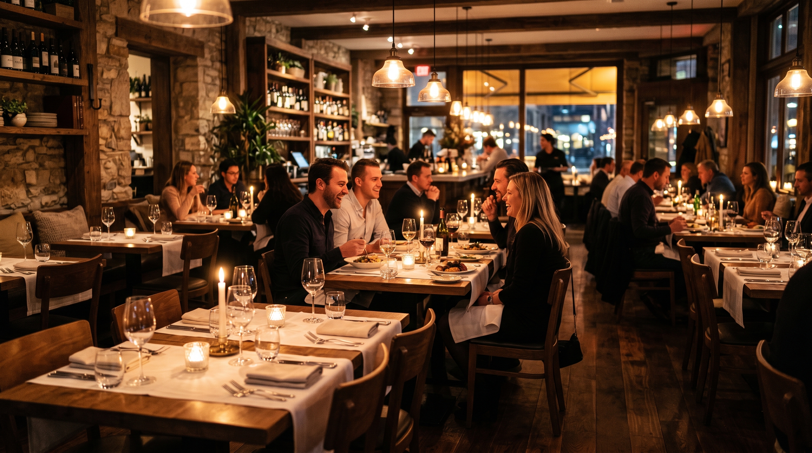 Wnętrze restauracji wieczorem z ciepłym światłem i nakrytymi stolikami