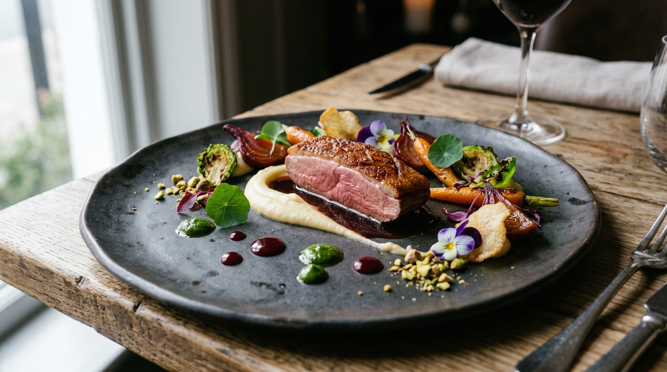 Talerz fine dining z artystycznie ułożonym daniem