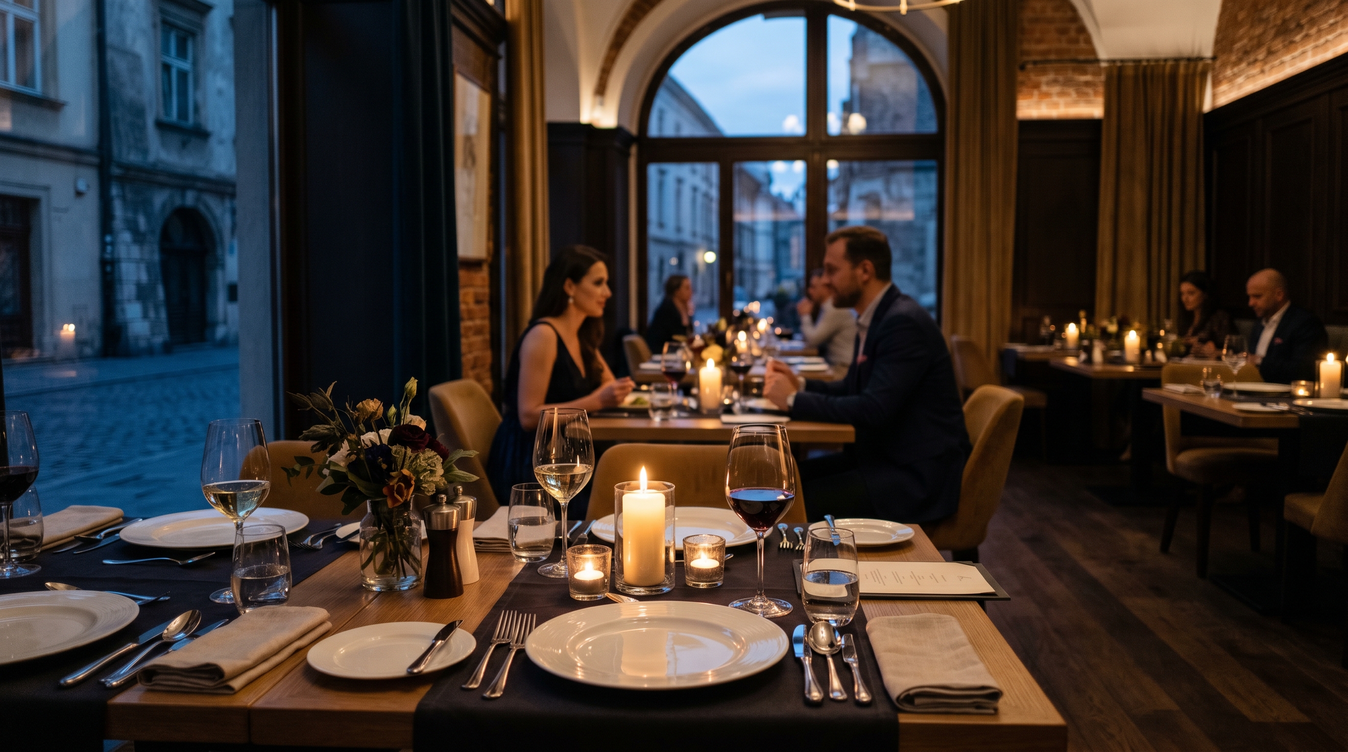 Eleganckie wnętrze restauracji wieczorem ze świecami i nakryciami