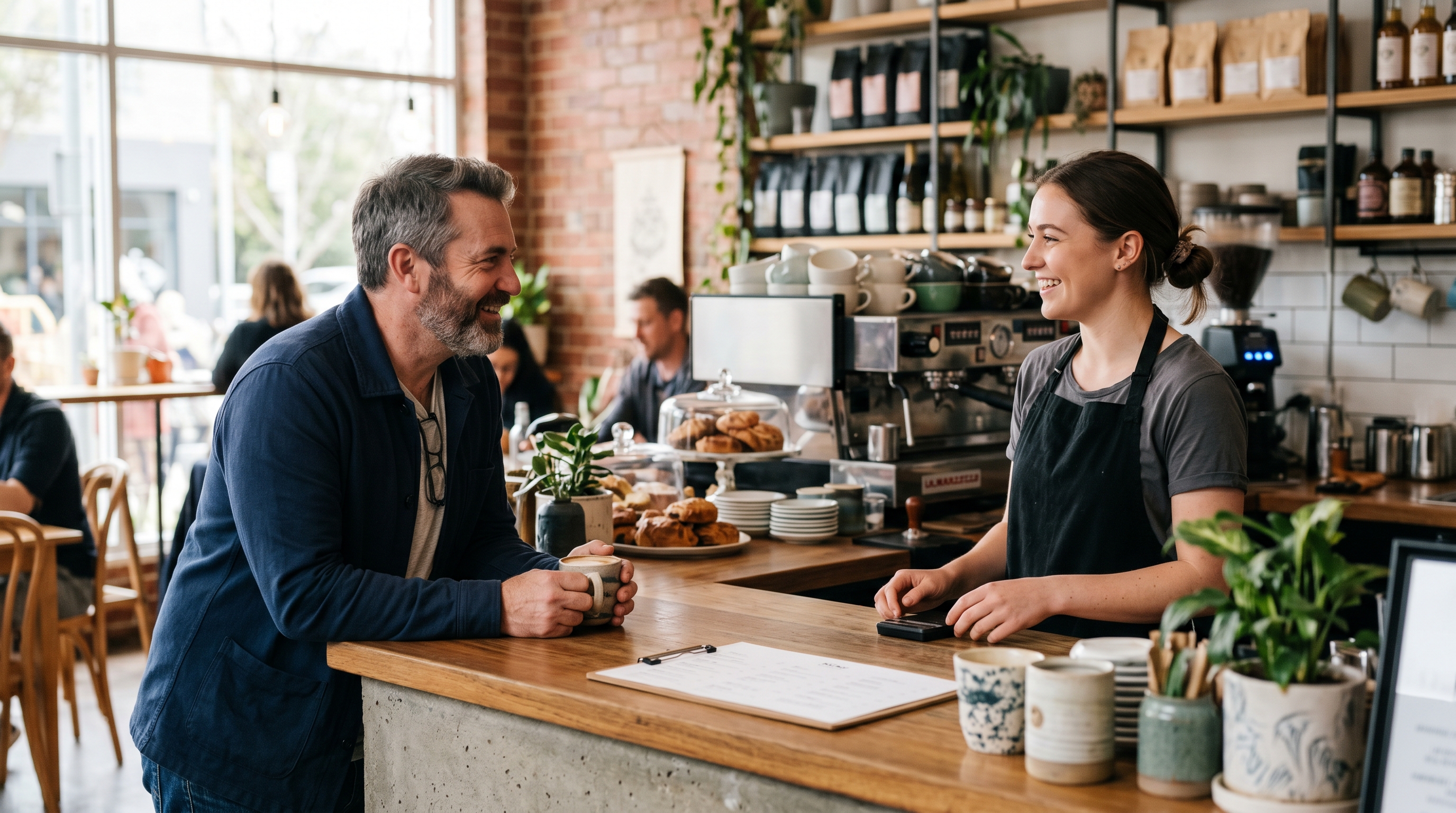Stały klient rozmawiający z baristą przy ladzie kawiarni