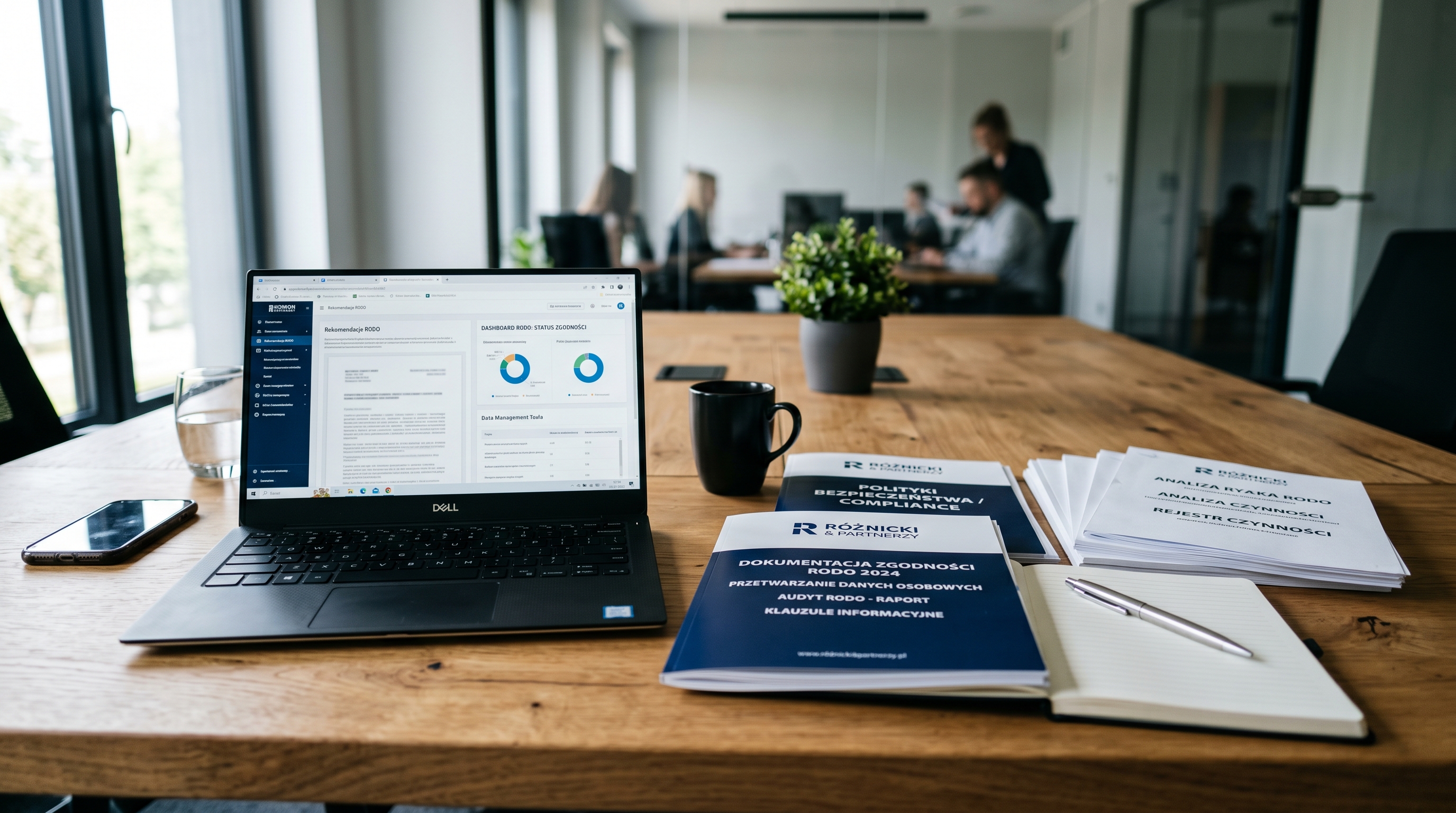 Laptop i dokumenty biznesowe na biurku, compliance i RODO