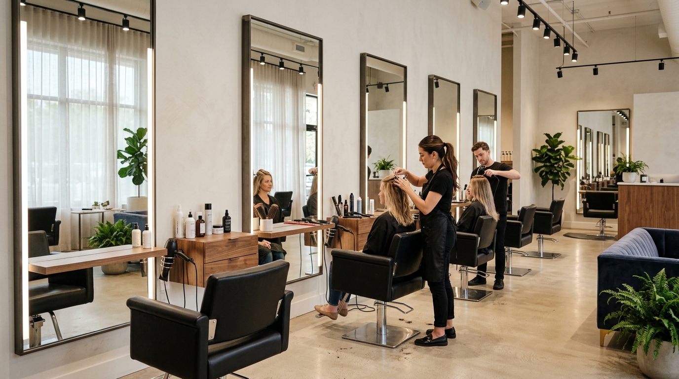 Wnętrze nowoczesnego salonu fryzjerskiego z lustrami i fotelami