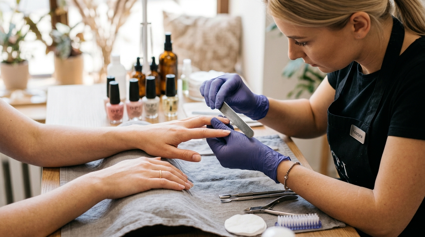 Manicurzystka wykonująca zabieg manicure, bliski plan rąk