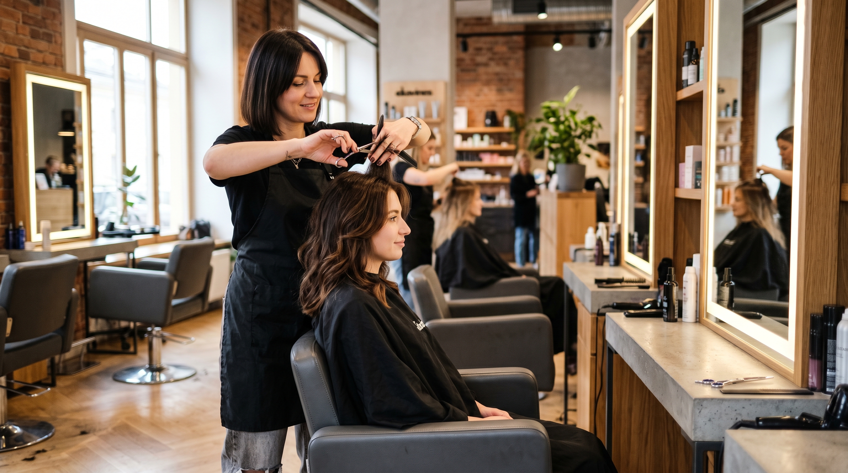Stylistka strzygąca klientkę w nowoczesnym salonie fryzjerskim